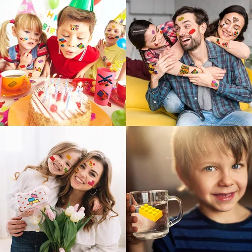 Vista 8 de 96 tatuajes temporales precortados de bloques de construcción, bonitos recuerdos de fiesta para niños, niños y niñas, suministros para fiestas