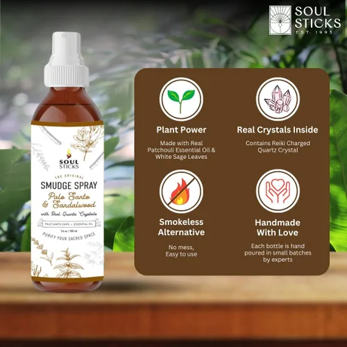 Vista 3 de SOUL STICKS Spray de Palo Santo y Sándalo para Limpieza y Energía Negativa Spray de Palo Santo 3.5oz con Cristales de Cuarzo Reales Spray