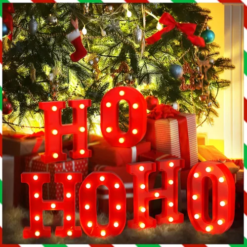 Vista 5 de 6 piezas de decoración de centro de mesa de Navidad con luces LED, letras iluminadas, señal de Ho Ho, decoración de mesa de Navidad para centro