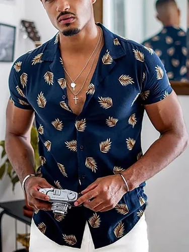Vista 2 de TZIISOA Camisa estampada para hombre, estilo casual, de moda, holgada, de manga corta, estilo casual de vacaciones