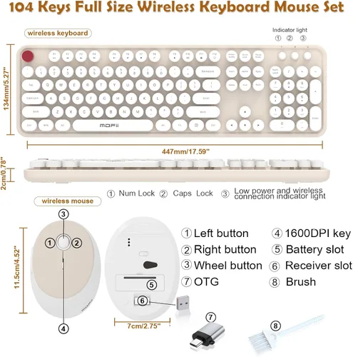Vista 5 de MOFII - Combo de teclado y mouse inalámbricos, 104 teclas redondas retro de tamaño completo, teclados ergonómicos y mouse inalámbricos para Windows