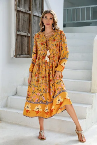 Vista 3 de R.Vivimos - Vestidos por debajo de la rodilla, de manga larga, con estampado floral, de estilo retro y bohemio, con cuello en V y borlas para mujer