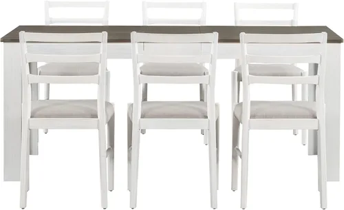 Vista 8 de Juego de mesa de comedor de madera de 7 piezas, mesa extensible multifuncional con hojas de 12 pulgadas y 2 cajones, 6 sillas de comedor con cojín