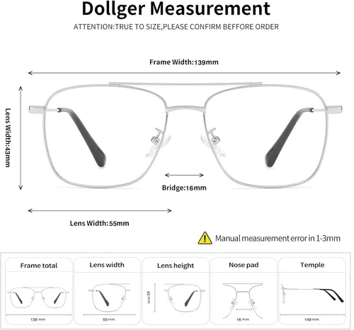 Vista 6 de Dollger Lentes cuadrados transparentes con marco de metal falso sin receta Plateado