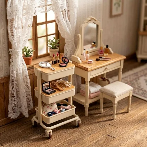 Vista 7 de LOGOFUN Carrito de casa de muñecas en miniatura, carrito de compras, estante de almacenamiento de 3 capas con ruedas para decoración de muebles