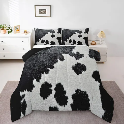Vista 14 de Juego de edredón con estampado de vaca marrón para niñas y niños, edredón de plumón de piel de vaca de las tierras altas, ropa de cama de piel