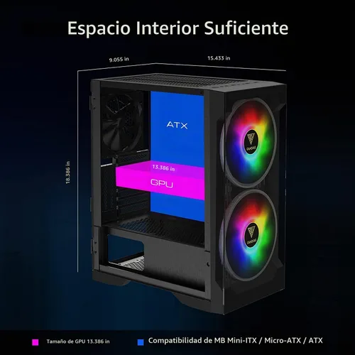 Vista 6 de GAMDIAS ATX Mid Tower - Carcasa para computadora de videojuegos para computadoras de escritorio y PC, 2 ventiladores ARGB LED de 7.874 in