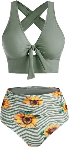 Vista 3 de Traje de baño para mujer, conjunto de bikini de girasol, divertido, traje de piezas nudas Frontal, ropa de Playa