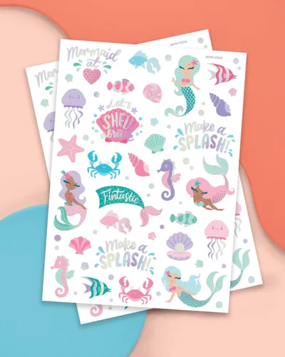 Vista 2 de xo, Fetti Tatuajes temporales de sirena bajo el mar, 56 estilos de aluminio iridiscentes, suministros para fiestas de cumpleaños para niños