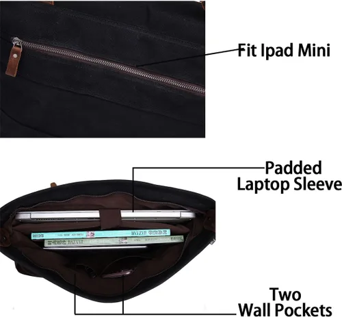 Vista 5 de Bolsa de mensajero para portátil de 15.6 pulgadas para hombres, lona encerada, vintage, de cuero, maletín de negocios, bolsas de hombro impermeables