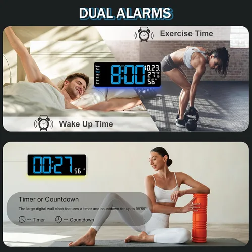 Vista 6 de JoFomp Reloj de pared digital grande de 17.3 pulgadas, reloj digital LED con control remoto, reloj despertador