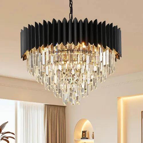 Vista 15 de Candelabro de cristal negro de 20 pulgadas, K9, luces colgantes redondas, ajustables, de 4 niveles, gran lámpara de cristal moderna, 6 luces
