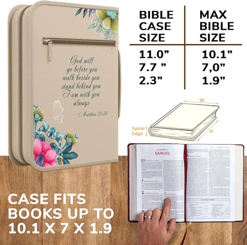 Vista 26 de DEHITE Funda para la Biblia para mujer, fundas de tela prémium para la Biblia para niñas, bolsa de transporte para mujer, ranuras para bolígrafos
