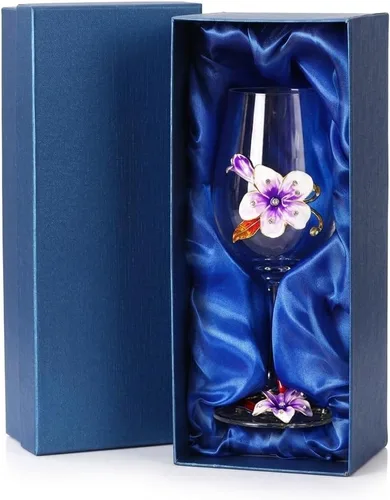 Vista 15 de Simcat Copa de Vino Pintada a Mano de Esmalte Floral Transparente Refinada, Pie para Cabernet, Regalos (Caja de regalo doble azul, 2 Cajas de regalo)