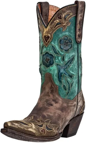 Vista 4 de Dan Post Botas casuales para mujer Blue Bird Floral Tooled-Inlay Snip Toe Casual Mid Calf Tacón medio 2-3" - Marrón