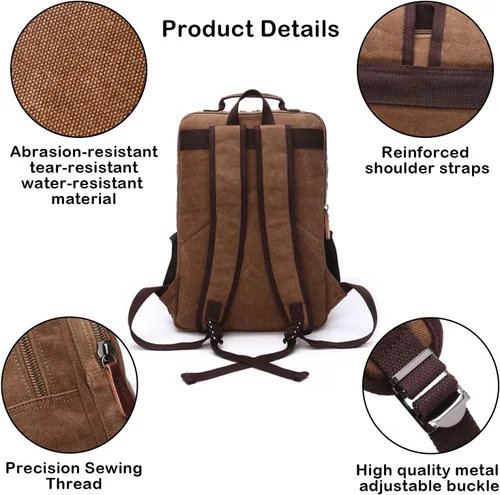 Vista 3 de Mochila de lona vintage, mochila resistente para senderismo y campamento, mochila casual para hombres y mujeres, se adapta a portátiles de 15.6 Café