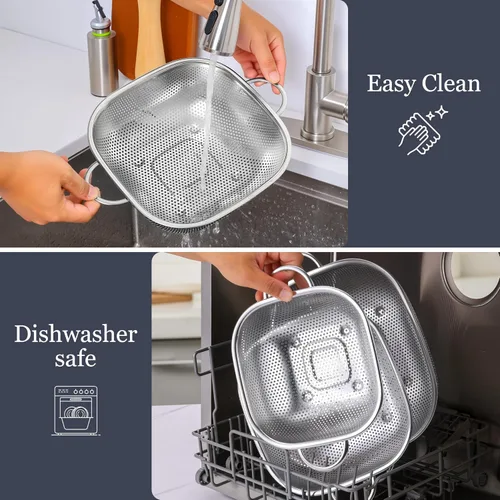 Vista 6 de E-far Paquete de 3 coladores para cocina, colador cuadrado de metal de acero inoxidable con asa para drenar alimentos, pasta, verduras