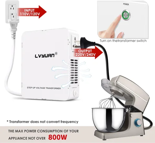 Vista 5 de Transformador elevador LVYUAN 800W 110/120V a 220/240V resettable circuit breaker, compatible EU & Asian appliances for US & Canada use, pure