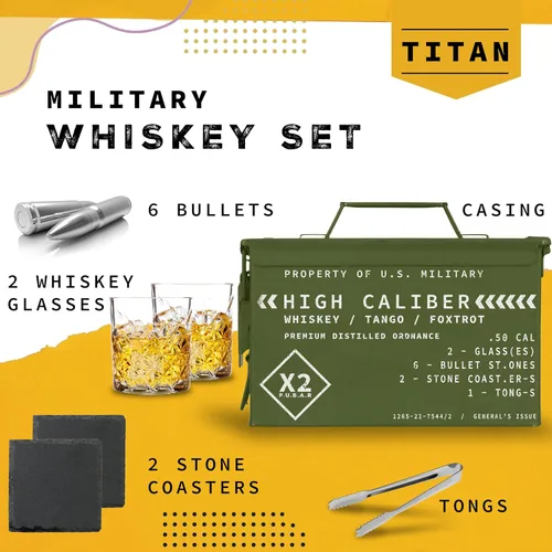 Vista 2 de Titan LSO Vasos y piedras de whisky en caja táctica única Copas de cóctel Bourbon, posavasos y pinzas Regalos para hombres Juego de vasos