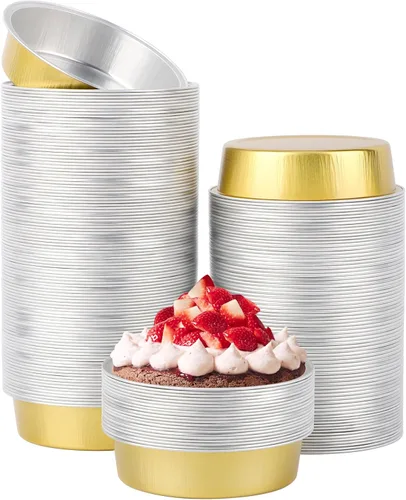 Vista 25 de Beasea Paquete de 100 moldes desechables para hornear de 4 pulgadas, 7.3 onzas, 7.3 fl oz / 215ml, papel de aluminio, mini ramequín sin tapas