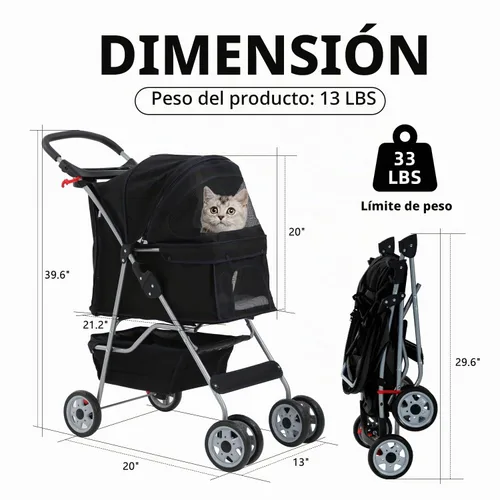 Vista 6 de Cochecito de perro de 4 ruedas, cochecito para mascotas, gatos, plegable, impermeable, con soporte para tazas y forro extraíble, cochecitos