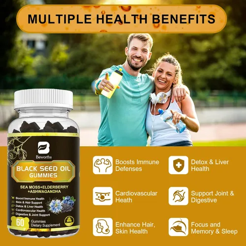 Vista 5 de Gomitas de aceite de semilla negra con Ashwagandha y musgo marino irlandés y saúco, suplemento de apoyo inmunológico con vitamina C, D3, zinc