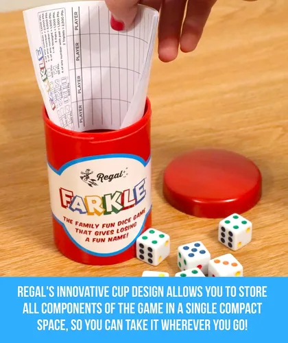 Vista 5 de Regal Games - Juego de dados clásico Farkle con 6 dados de colores, 1 conveniente cubilete para agitar fácilmente y 25 hojas de puntaje - Juego