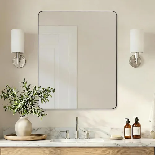 Vista 64 de ANDY STAR Espejo de pared cuadrado para baño, espejo de baño negro mate de 24 x 24 pulgadas, espejo de metal de esquina redondeada en marco de acero