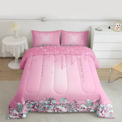 Vista 4 de Castle Fairy Juego de edredón de diamantes geométricos, tamaño matrimonial, juego de ropa de cama con purpurina rosa para niñas, mujeres, adultos