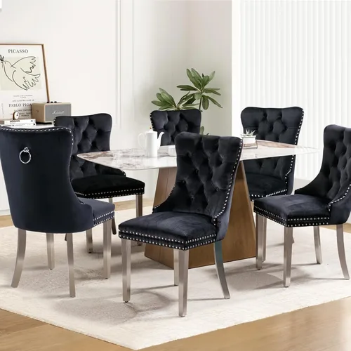 Vista 80 de Juego de 2 sillas de comedor tapizadas de tela de lino, sillas de cocina modernas de mediados de siglo con respaldo alto, ribete de cabeza de clavo