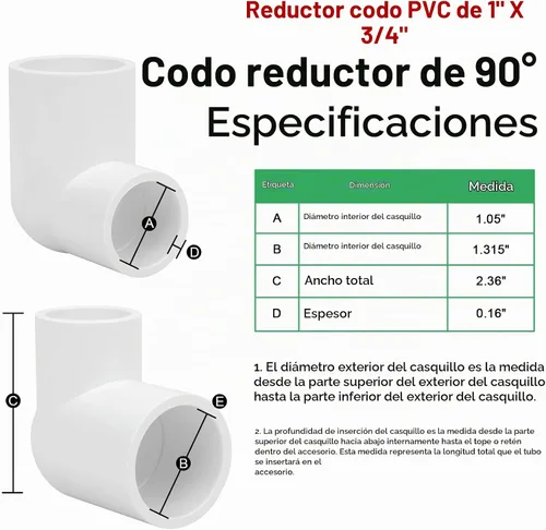 Vista 3 de Paquete de 8 accesorios de tubería de PVC de 1 pulgada x 3/4 pulgadas con codo de 90 grados (enchufe x zócalo) Schedule 40 PVC Slip Reductor 90°