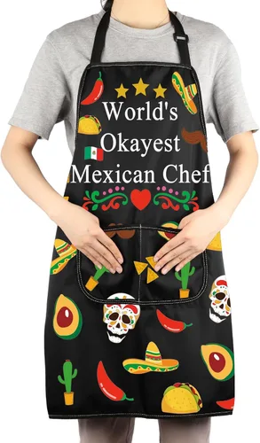 Vista 4 de JNIAP Delantal de chef mexicano con bolsillos, delantal de cocina El Jefe - Regalo de chef jefe