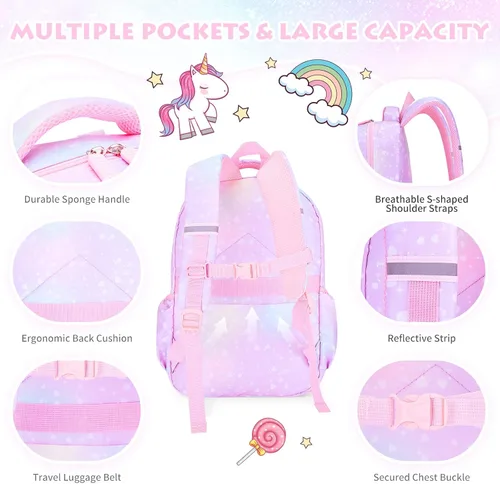 Vista 5 de Mochila para niñas, mochilas escolares de 16 pulgadas para niñas, bonita bolsa de libros para niñas, niños, estudiantes, escuela primaria, Púrpura
