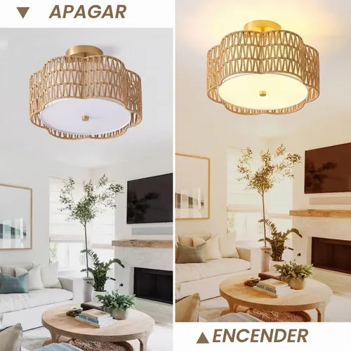 Vista 4 de Lámparas bohemias de 13.6 pulgadas de montaje empotrado, 3 luces de ratán para techo, montaje empotrado dorado para dormitorio, en forma de flor