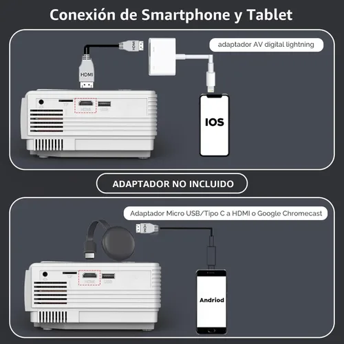 Vista 5 de Proyector Mini 1080P con Pantalla, Proyector de Cine en Casa Portátil con Bluetooth Bidireccional, Entrada HDMI/USB para Smartphone/TV Stick, Ideal