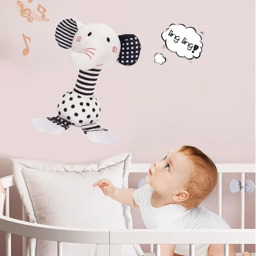 Vista 6 de D-KINGCHY Juguetes para bebés de 0 a 12 meses, juguetes para recién nacidos en blanco y negro, juguete de peluche suave con mordedor y sonido