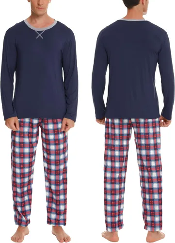Vista 4 de SWOMOG Conjunto de pijama a juego para hombres, mujeres y niños, para familia, parejas, ropa de dormir de manga larga, pantalones a rayas a cuadros