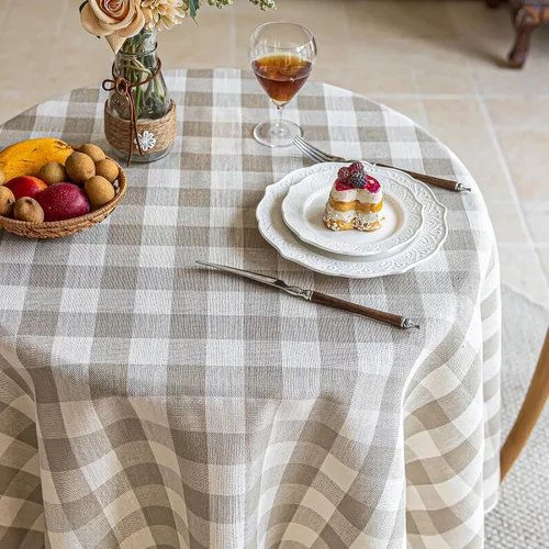 Vista 2 de Alsoo Mantel redondo de cuadros beige de 60 pulgadas, mantel circular a cuadros, lavable, sin arrugas, de lino y algodón, para picnic, cocina