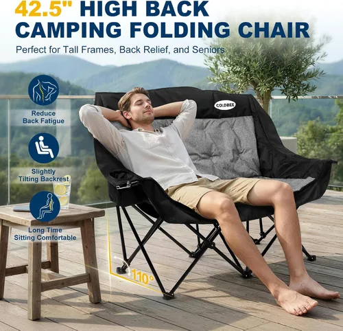 Vista 7 de Silla de camping doble acolchada para 2 personas, acolchada resistente