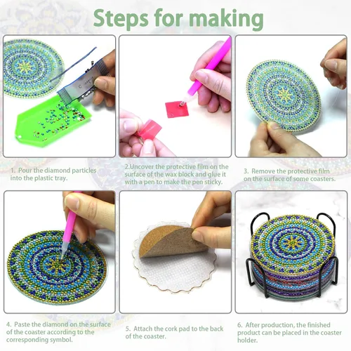 Vista 6 de UiSdfuy 8 posavasos de diamante con soporte, kits de arte de diamantes para adultos, niños y principiantes, suministros de manualidades de bricolaje