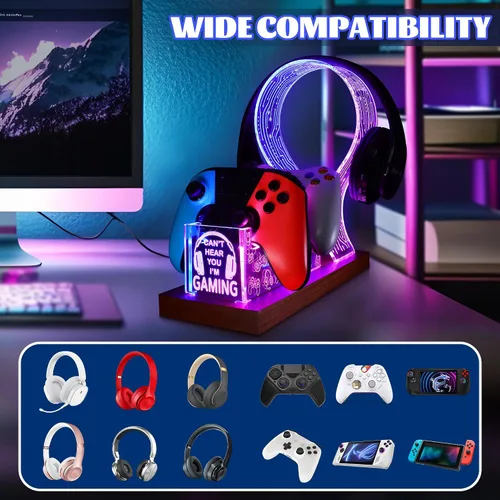 Vista 3 de YuanDian Gamer Gifts for Teenage Boy, Can't Hear You I'm Gaming Headset and Controller Stand, Acrylic Wooden Controller Holder with Blue Pink LED