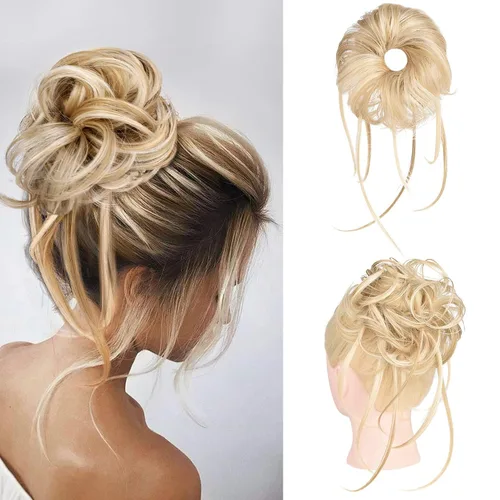 Vista 15 de HOOJIH Pieza de pelo desordenado de moño – Extensiones superlargas despeinadas, cola de caballo ondulada con banda elástica para mujeres y niñas