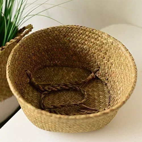 Vista 3 de INSO Cesta tejida natural para el vientre, para pícnic y comestibles. Cesta plegable de almacenamiento de algas marinas con asas para plantas Negro