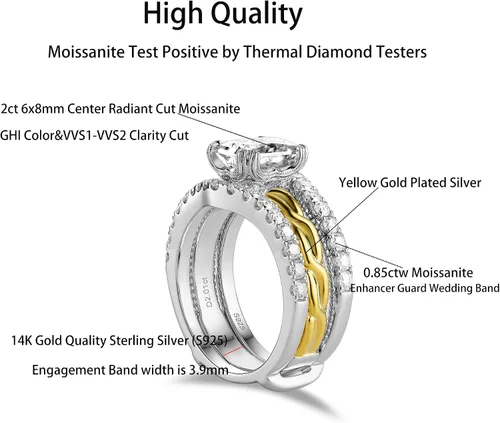Vista 2 de DovEggs Anillos de compromiso de moissanita para mujer, 2 unidades, 0.236 x 0.315 in, GHI radiante corte de hielo triturado, moissanita, mejorador