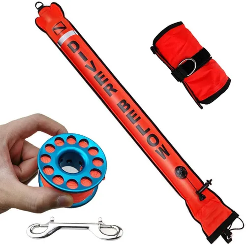 Vista 9 de DSMB Surface Marker Buoy with 100ft Finger Spool Reel Diver Below Signal Flag Tube Scuba Diving Equipment Open Bottom Set