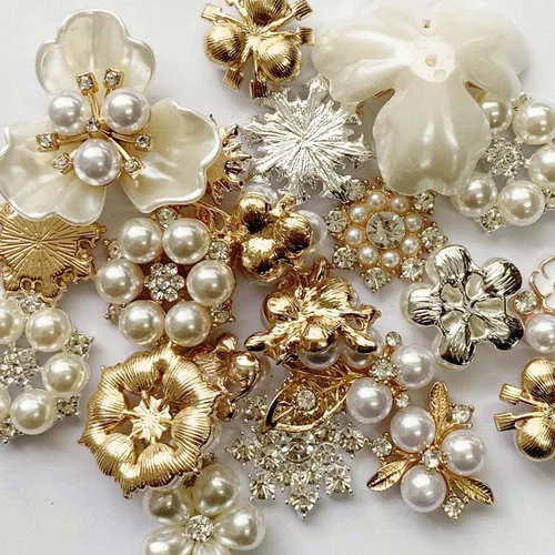 Vista 2 de 22 piezas de botones de diamantes de imitación de perlas de imitación de diamantes de imitación, broche de perlas de aleación, dijes florales