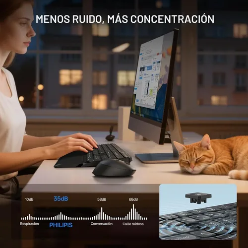 Vista 4 de Philips SPT6607 - Combo de teclado y mouse inalámbricos Bluetooth de 2.4 GHz, diseño ergonómico con reposamanos, conectividad de 3 dispositivos