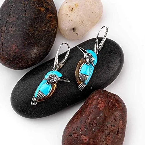 Vista 2 de Aretes ovalados grandes de metal turquesa natural, aretes de lágrima, estilo vintage, delicados aretes de aro bohemios para mujeres-G, Metal Piedra