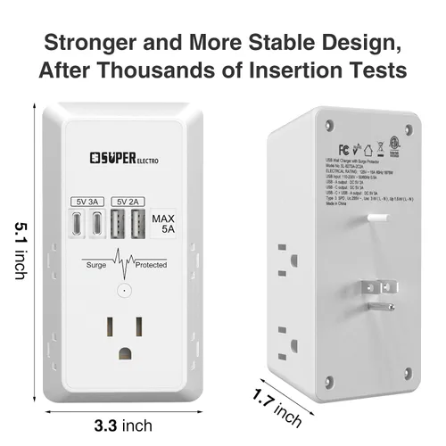 Vista 5 de Extensor de Enchufe, Cargador de Pared USB, Protector Contra Sobretensiones, Extensor de 5 Enchufes con 4 Puertos de Carga USB (5V 5A), Adaptador