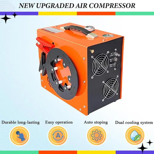 Vista 3 de Compresor de aire PCP 350W Potente motor 4500Psi/5800psi/400bar Refrigeración de agua y ventilador 12V/110V Auto-Stop PCP Air Rifle Fuente